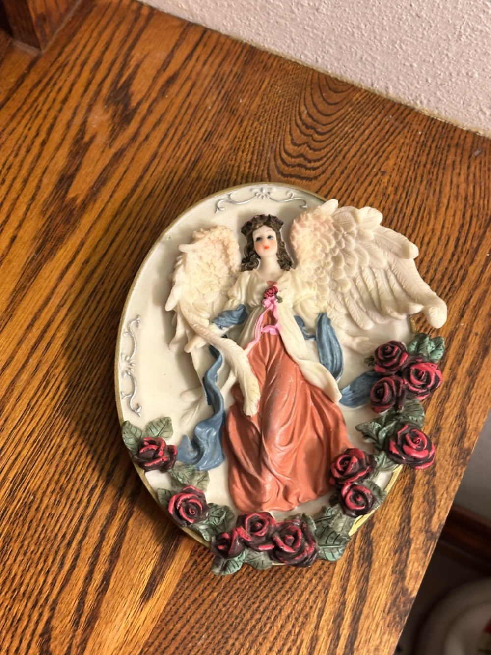 Vintage Guardian Angel Wall Hanging Oval Plaque W/Pink Dress and Red Roses